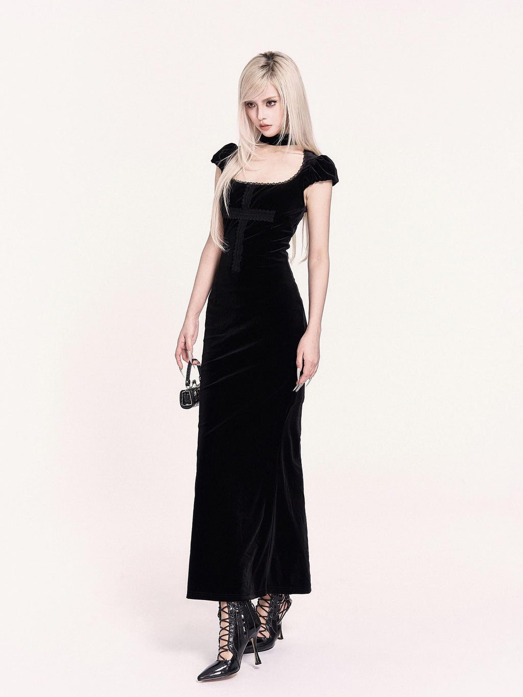 VOCK Goth Velvet Lace Splice Fishtail Women's Polyester Bodycon Maxi Dresses