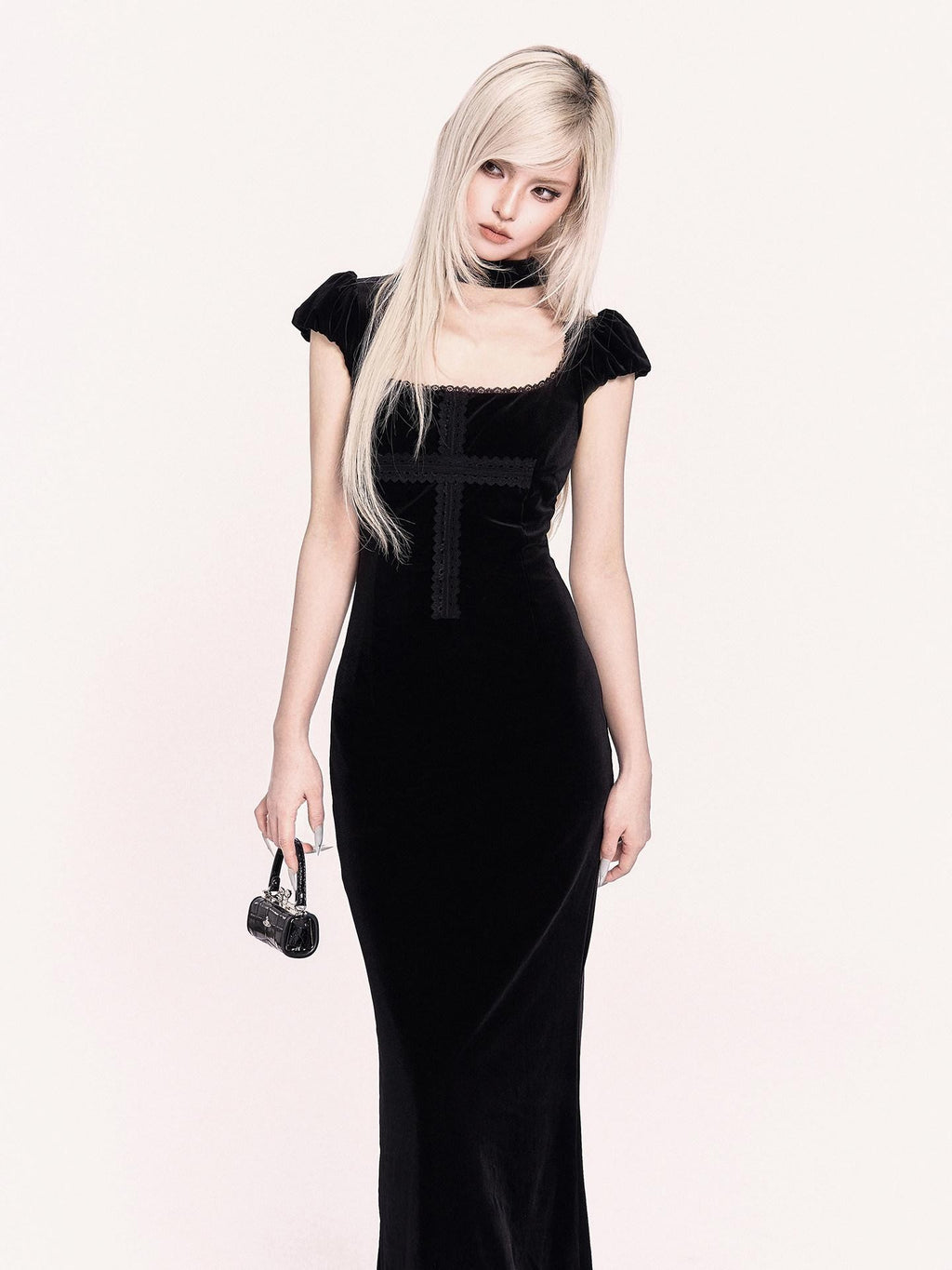 VOCK Goth Velvet Lace Splice Fishtail Women's Polyester Bodycon Maxi Dresses