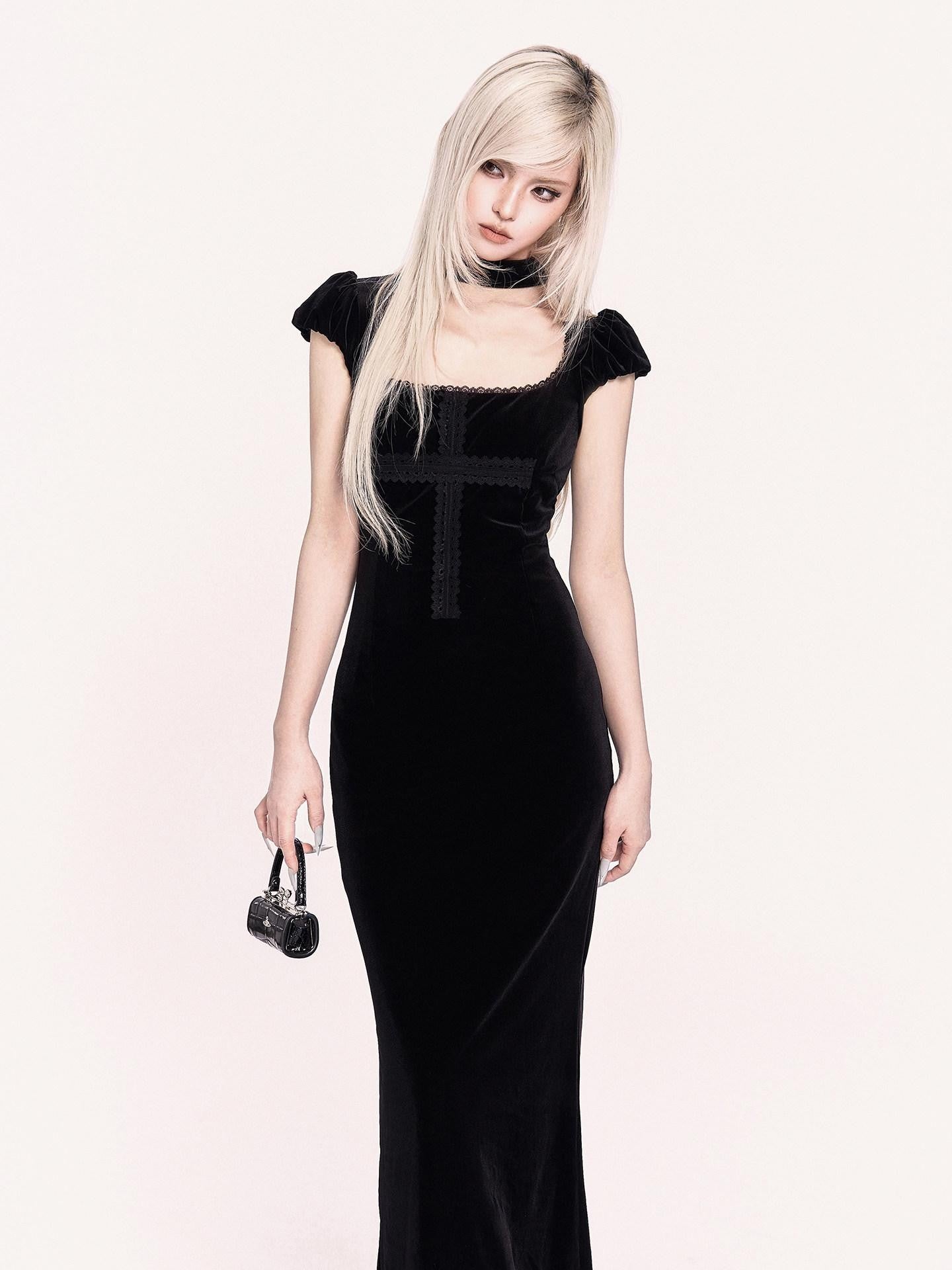 VOCK Goth Velvet Lace Splice Fishtail Women's Polyester Bodycon Maxi Dresses