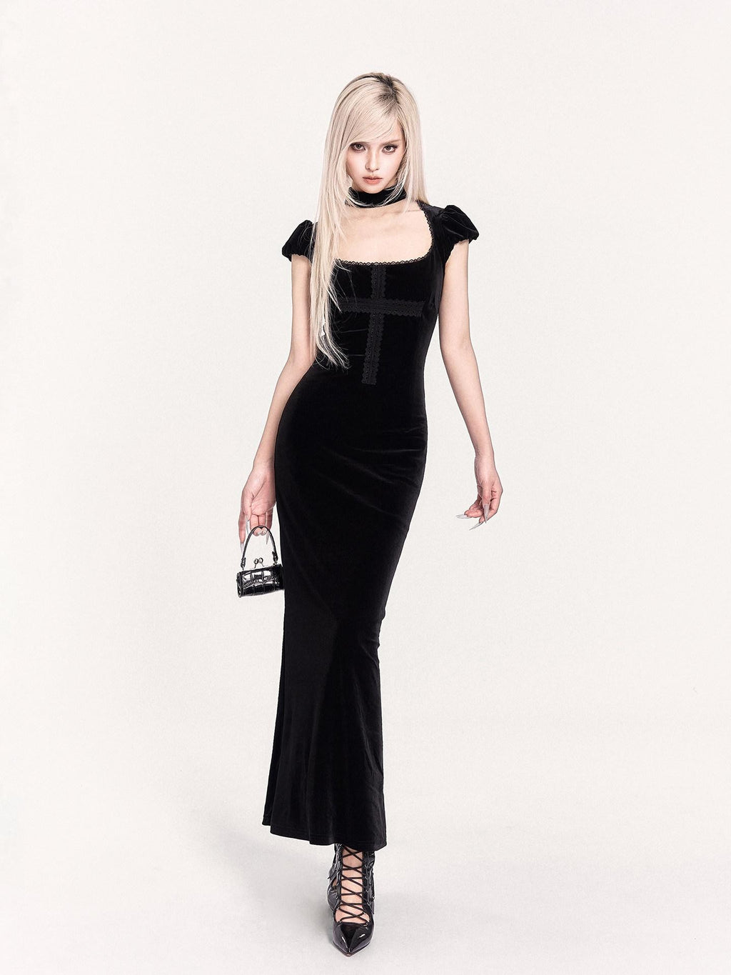 VOCK Goth Velvet Lace Splice Fishtail Women's Polyester Bodycon Maxi Dresses