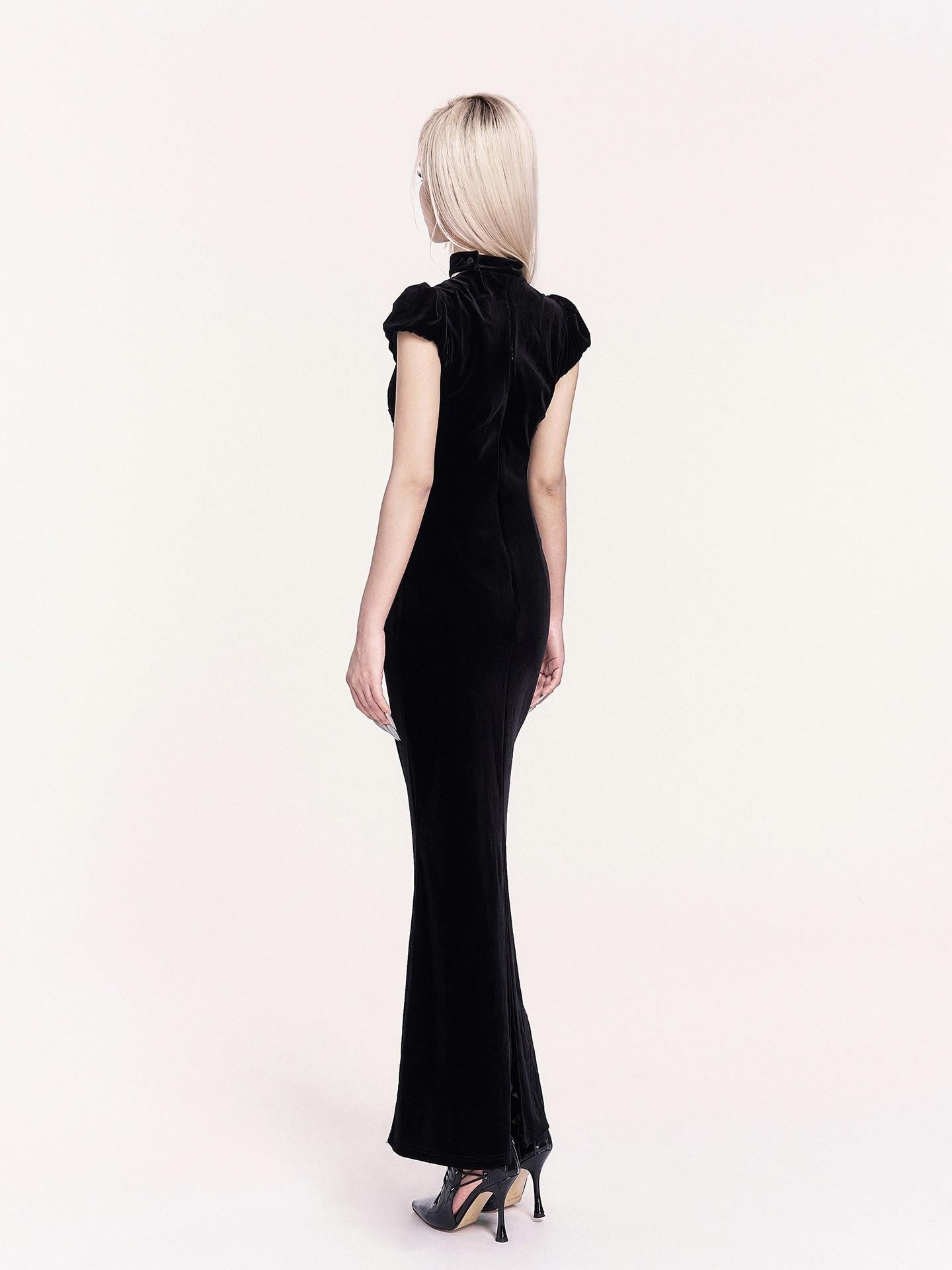 VOCK Goth Velvet Lace Splice Fishtail Women's Polyester Bodycon Maxi Dresses