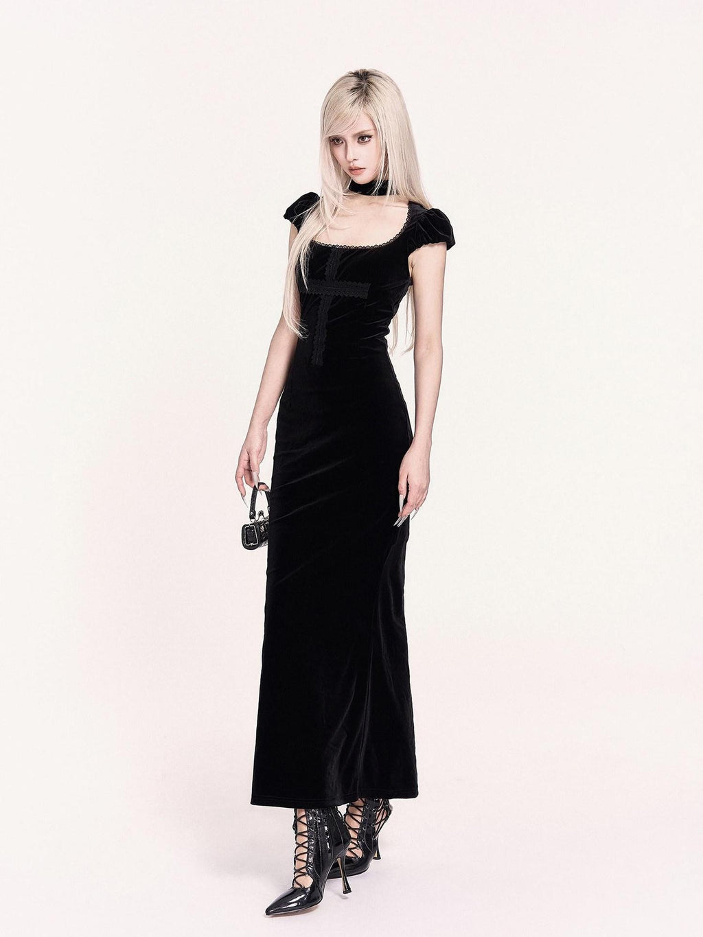 VOCK Goth Velvet Lace Splice Fishtail Women's Polyester Bodycon Maxi Dresses