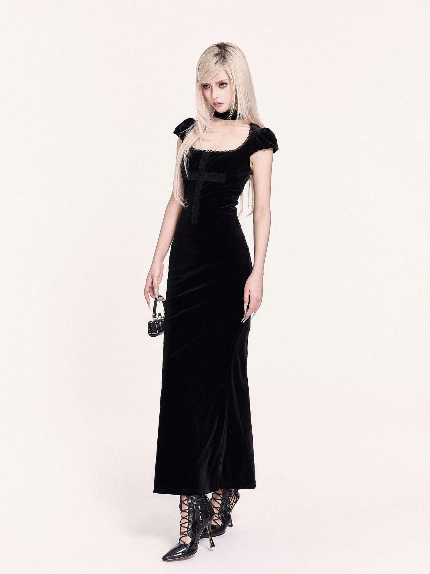 VOCK Goth Velvet Lace Splice Fishtail Women's Polyester Bodycon Maxi Dresses