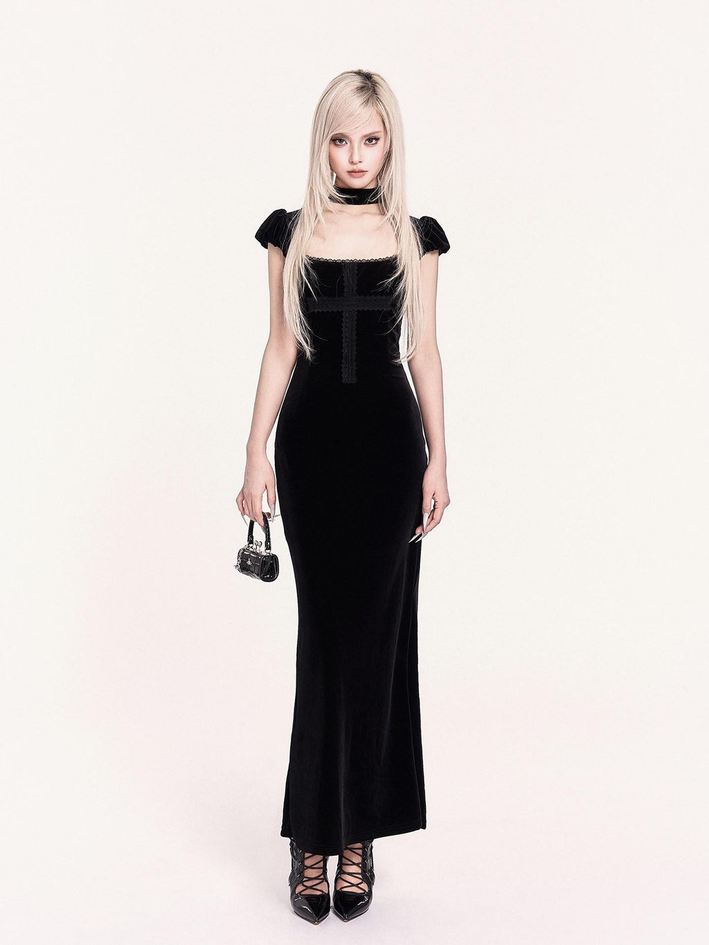 VOCK Goth Velvet Lace Splice Fishtail Women's Polyester Bodycon Maxi Dresses