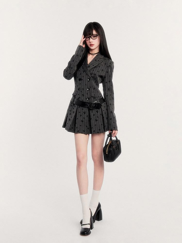 VOCK Grey Striped Pleated Lapel Waist Aline Women's Poly Cotton Casual Mini Dresses