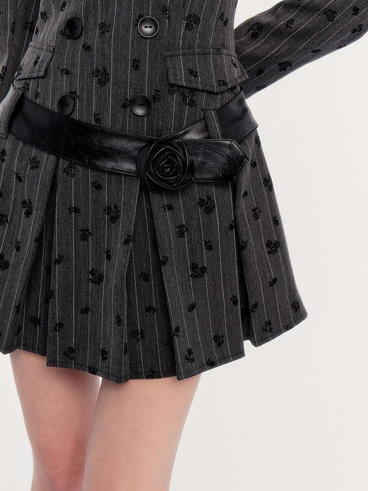 VOCK Grey Striped Pleated Lapel Waist Aline Women's Poly Cotton Casual Mini Dresses
