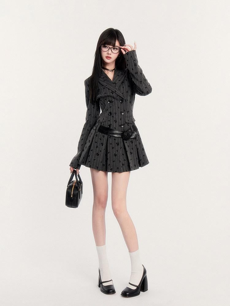 VOCK Grey Striped Pleated Lapel Waist Aline Women's Poly Cotton Casual Mini Dresses