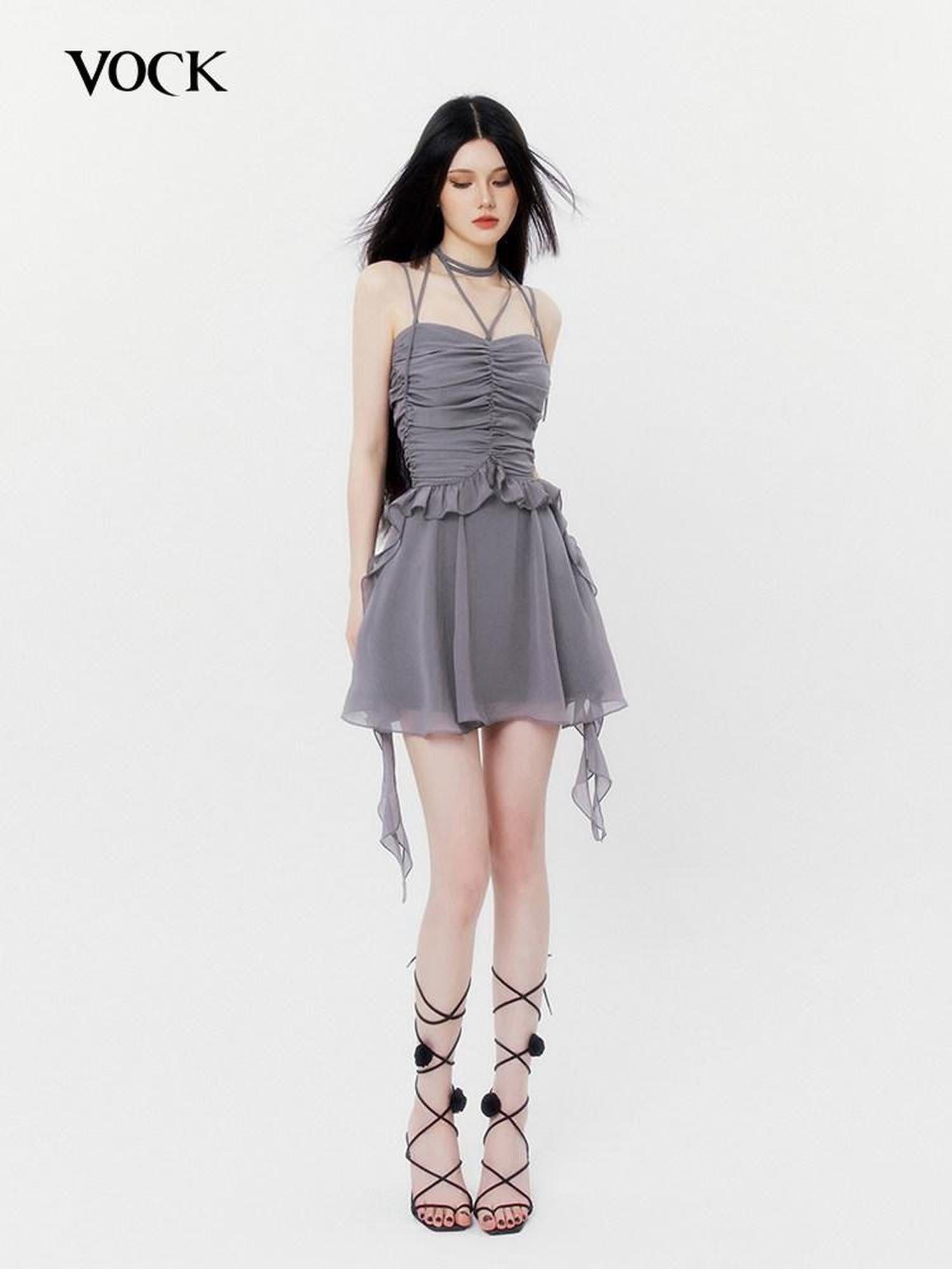 VOCK Halter Asymmetrical Pleated High Waist Women's Chiffon Slip Mini Dresses