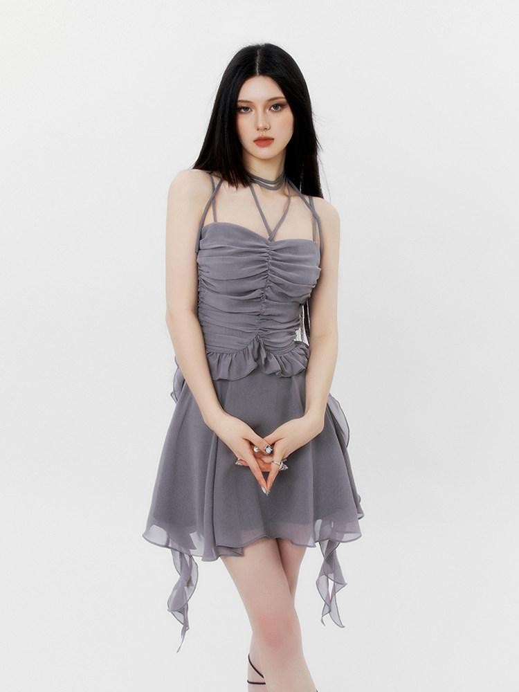 VOCK Halter Asymmetrical Pleated High Waist Women's Chiffon Slip Mini Dresses