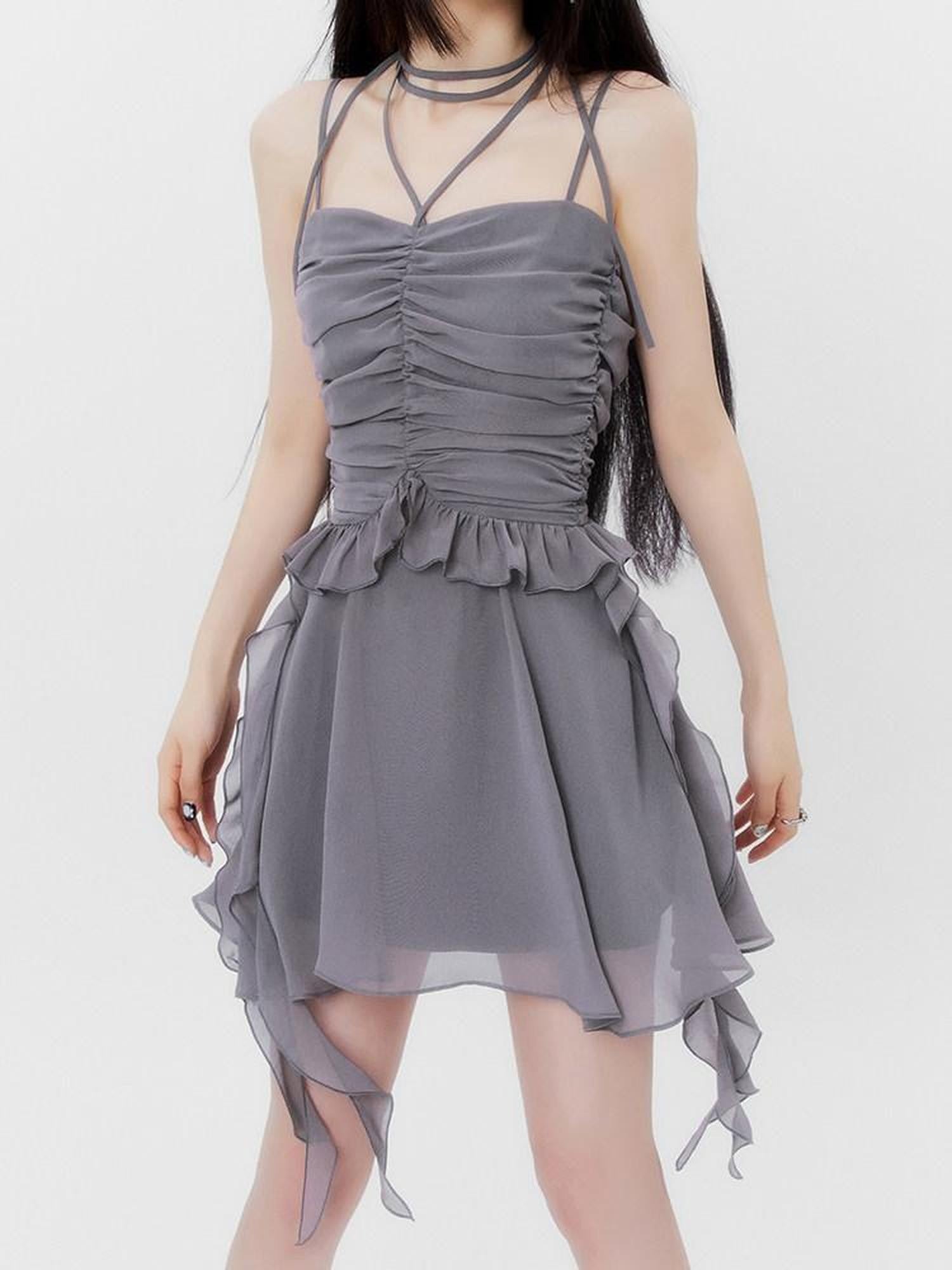 VOCK Halter Asymmetrical Pleated High Waist Women's Chiffon Slip Mini Dresses