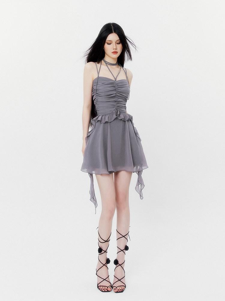 VOCK Halter Asymmetrical Pleated High Waist Women's Chiffon Slip Mini Dresses