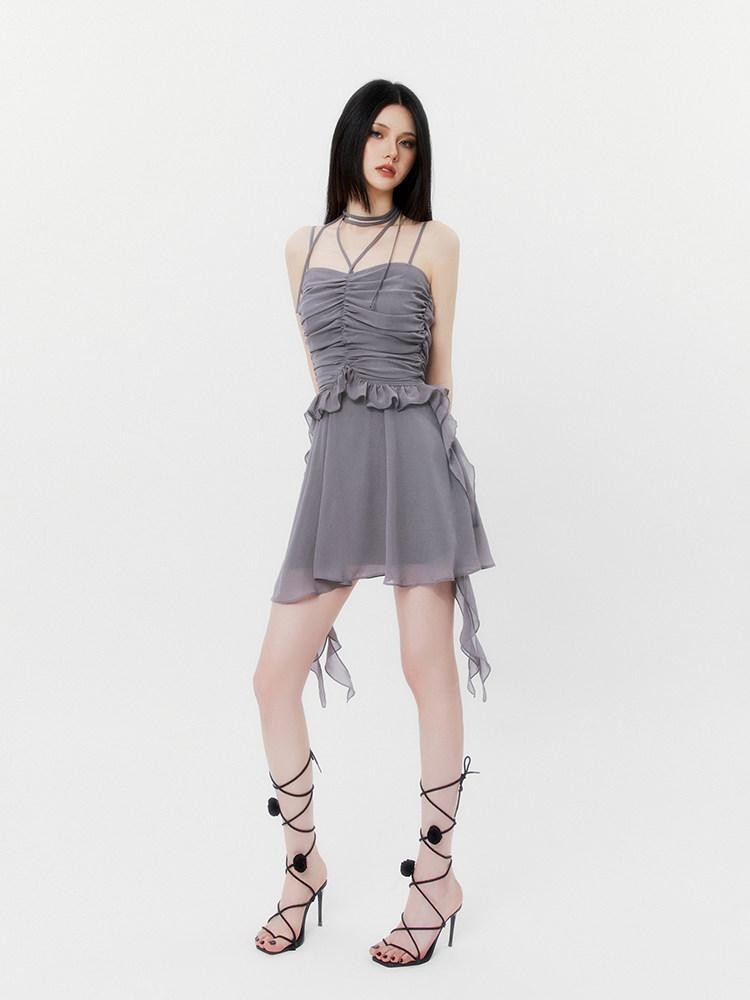 VOCK Halter Asymmetrical Pleated High Waist Women's Chiffon Slip Mini Dresses