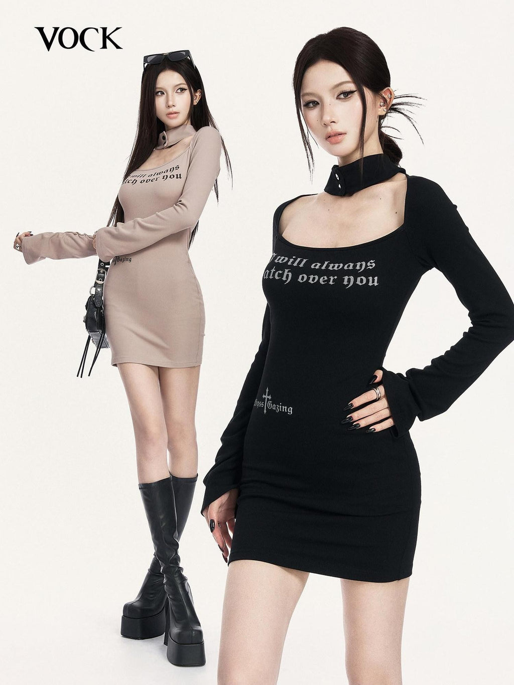 VOCK Halter Square Neck Printed Knitted Women's Cotton Spandex Bodycon Mini Dresses