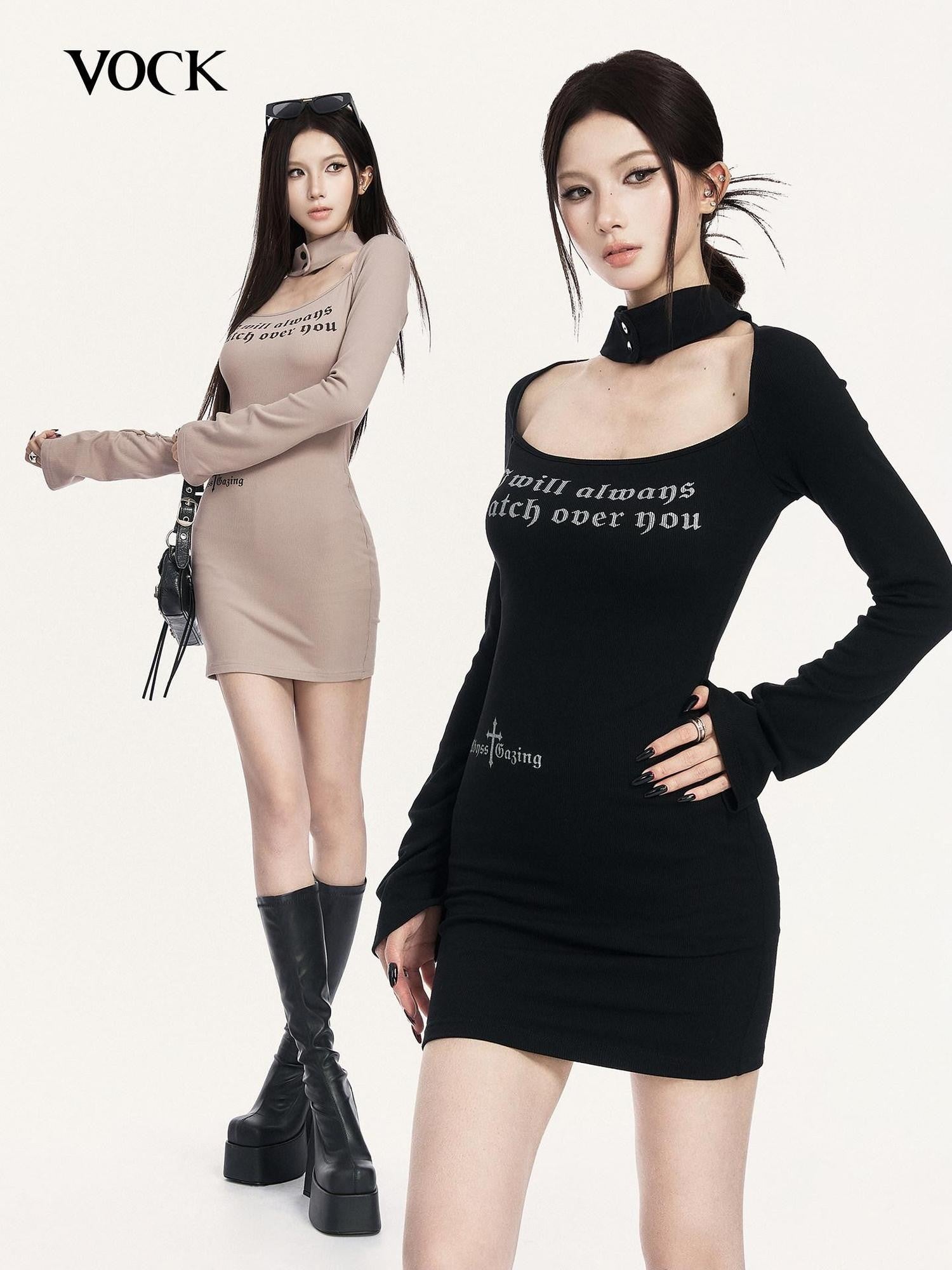 VOCK Halter Square Neck Printed Knitted Women's Cotton Spandex Bodycon Mini Dresses