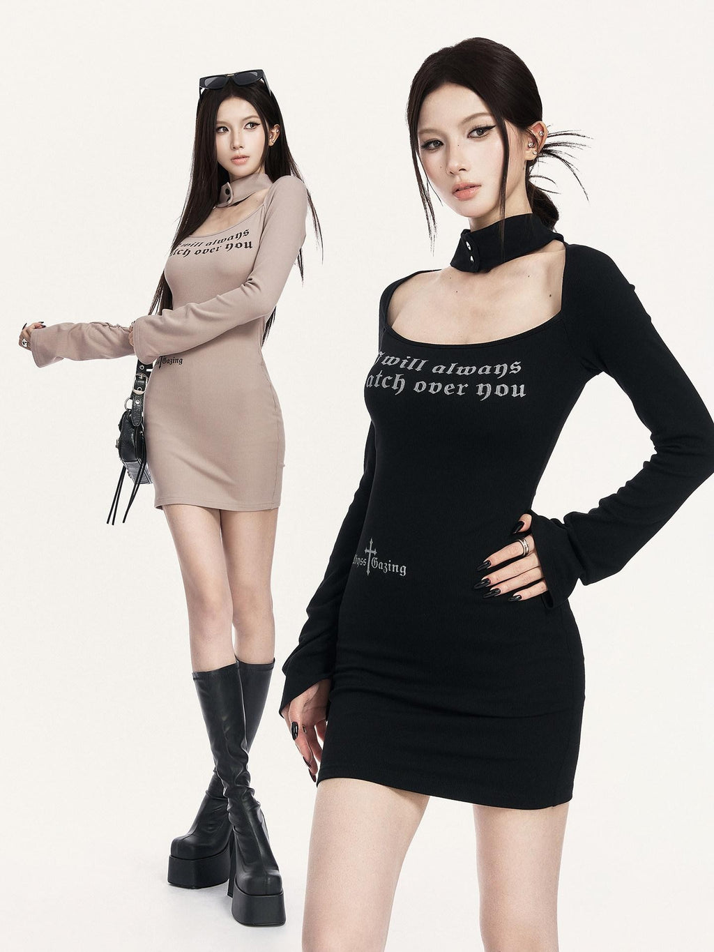 VOCK Halter Square Neck Printed Knitted Women's Cotton Spandex Bodycon Mini Dresses