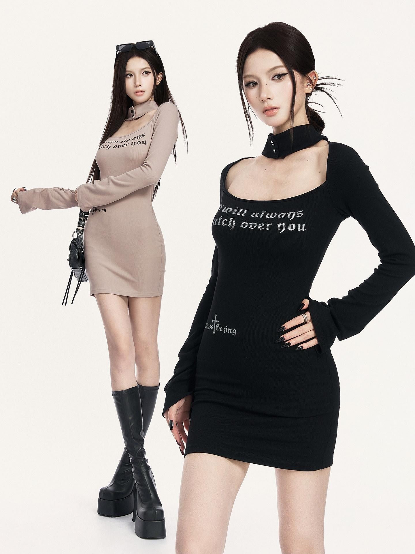 VOCK Halter Square Neck Printed Knitted Women's Cotton Spandex Bodycon Mini Dresses
