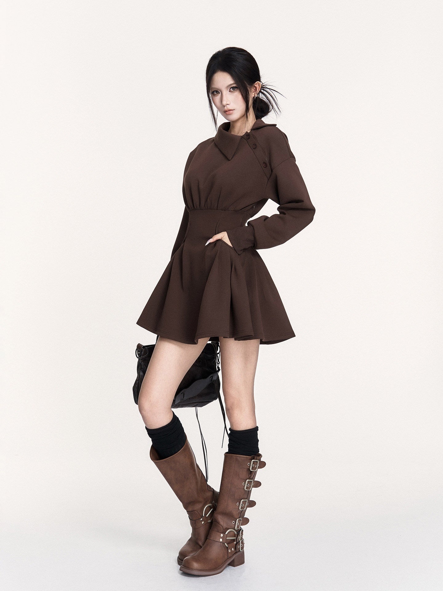 VOCK_Hand_Pleated_Puff_Aline_Sweatshirt_Women's_Poly_Cotton_Off-shoulder_Mini_Dresses_974440692848_MISSTT