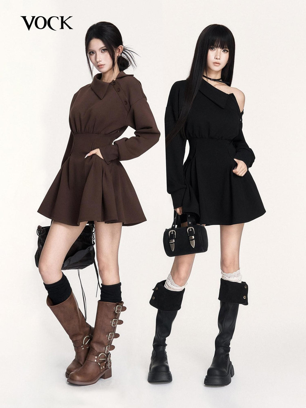 VOCK Hand Pleated Puff Aline Sweatshirt Women's Poly Cotton Off-shoulder Mini Dresses