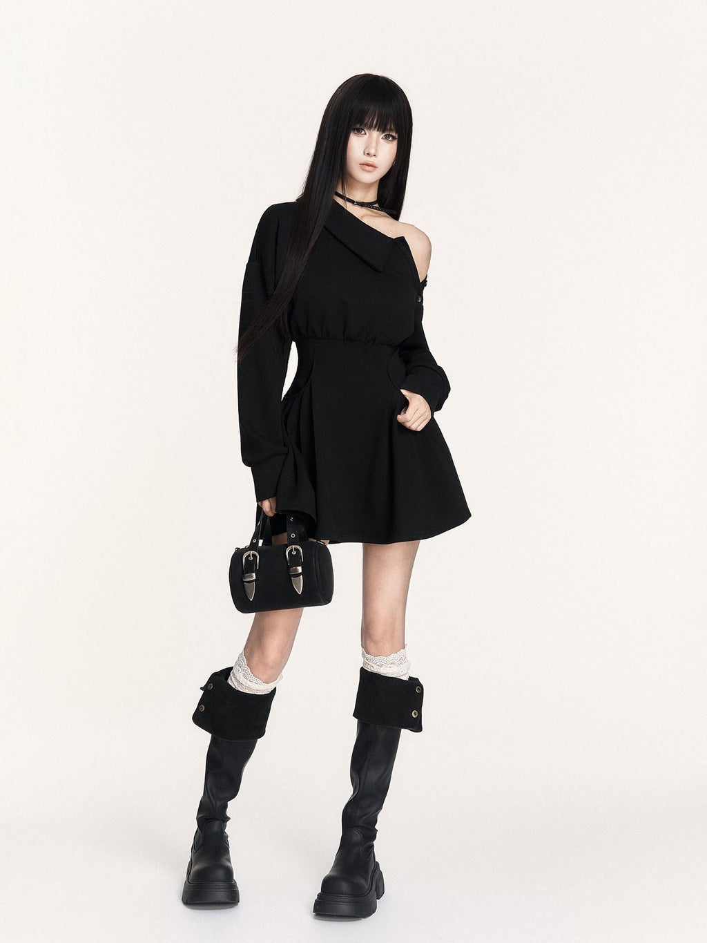 VOCK Hand Pleated Puff Aline Sweatshirt Women's Poly Cotton Off-shoulder Mini Dresses
