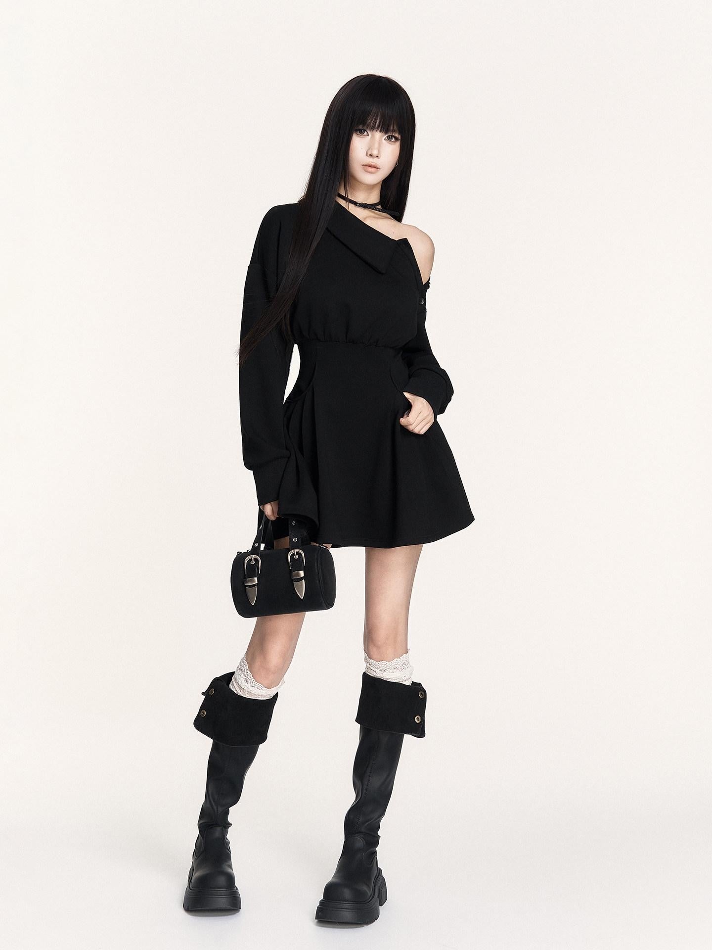 VOCK Hand Pleated Puff Aline Sweatshirt Women's Poly Cotton Off-shoulder Mini Dresses