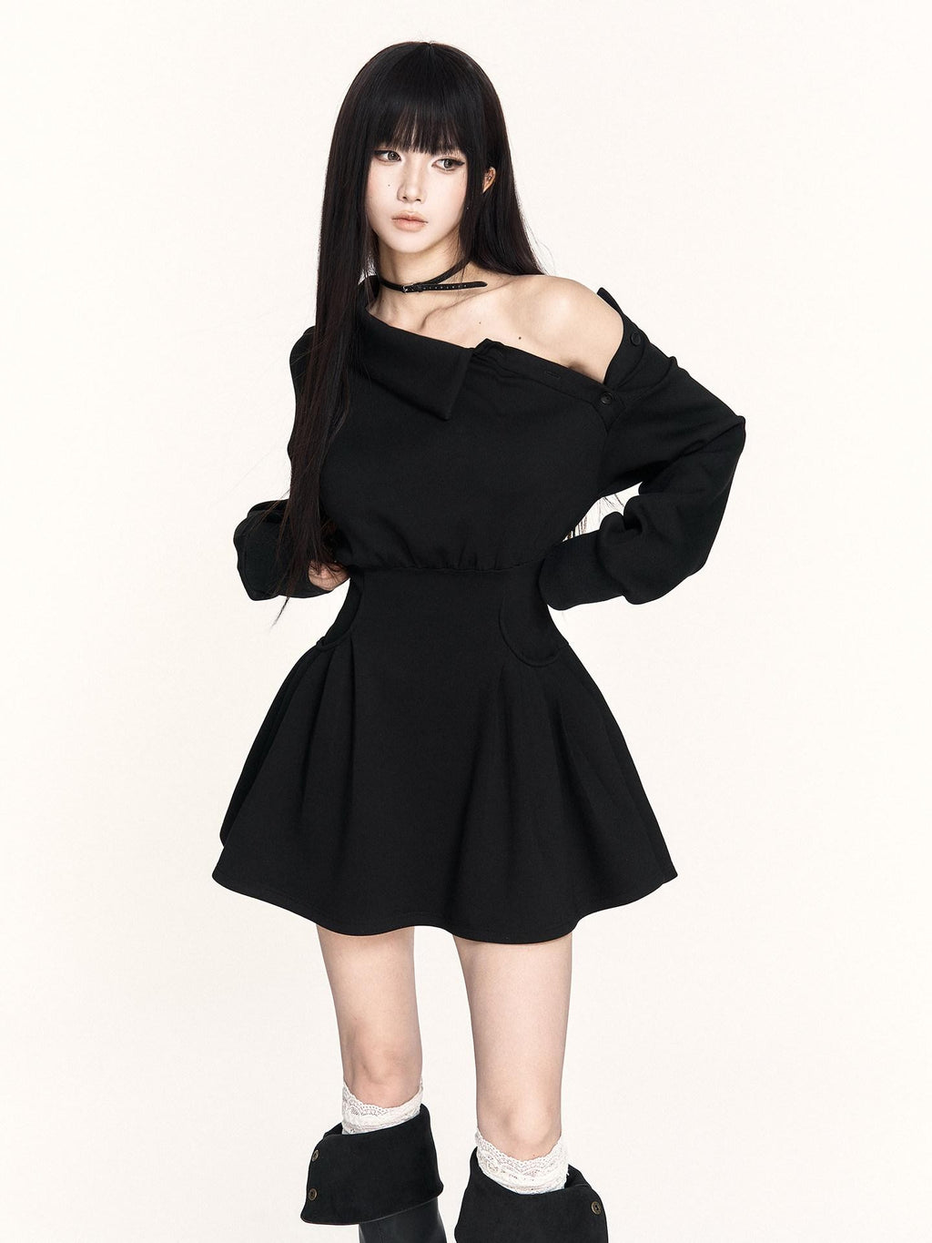 VOCK Hand Pleated Puff Aline Sweatshirt Women's Poly Cotton Off-shoulder Mini Dresses