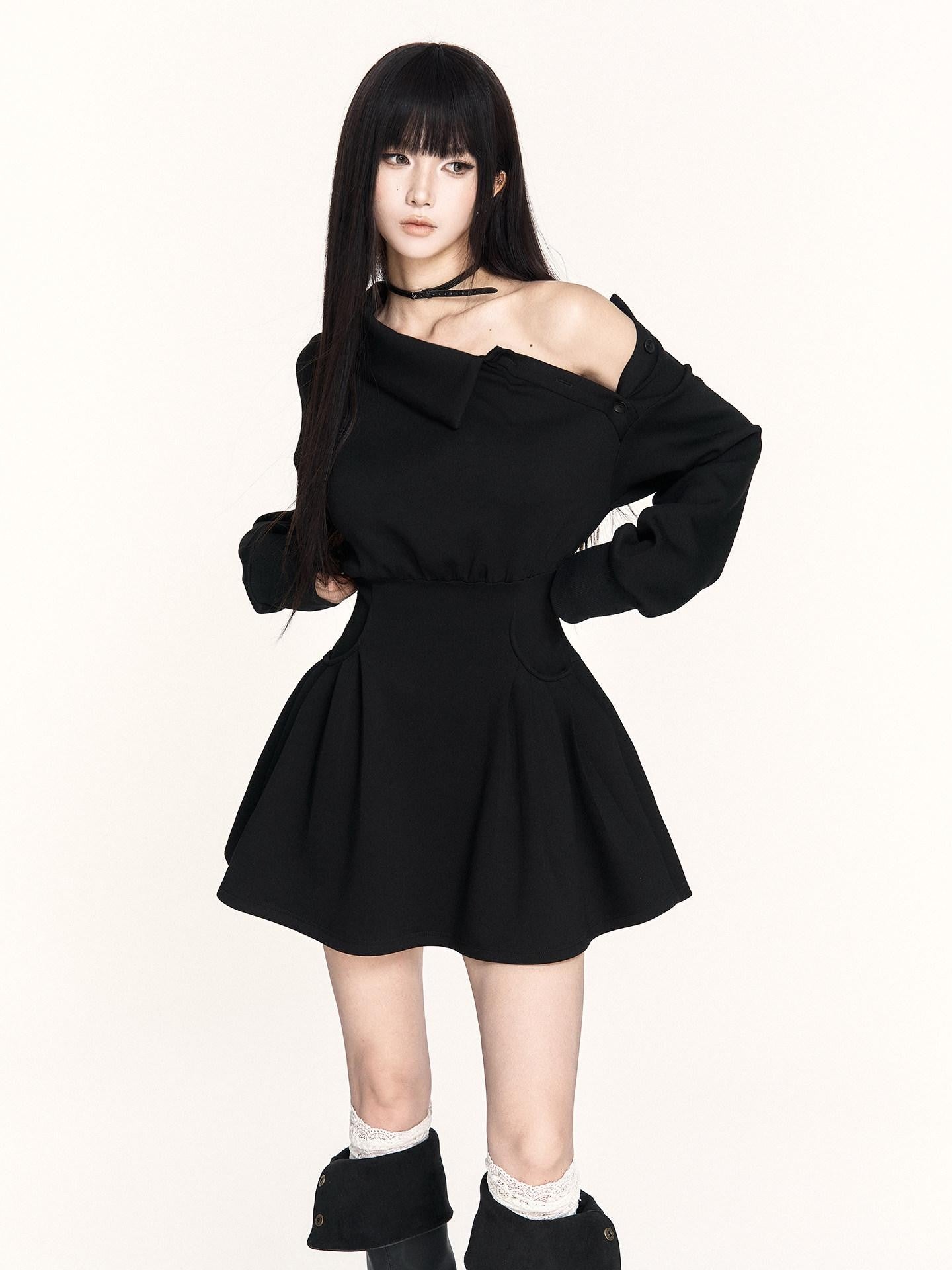 VOCK Hand Pleated Puff Aline Sweatshirt Women's Poly Cotton Off-shoulder Mini Dresses