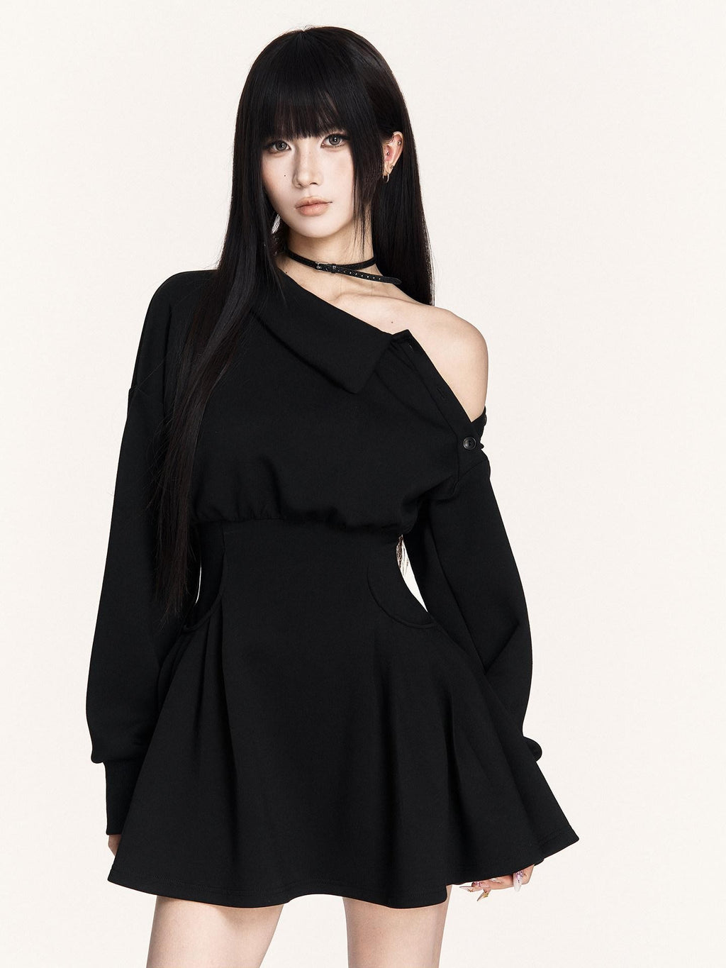 VOCK Hand Pleated Puff Aline Sweatshirt Women's Poly Cotton Off-shoulder Mini Dresses