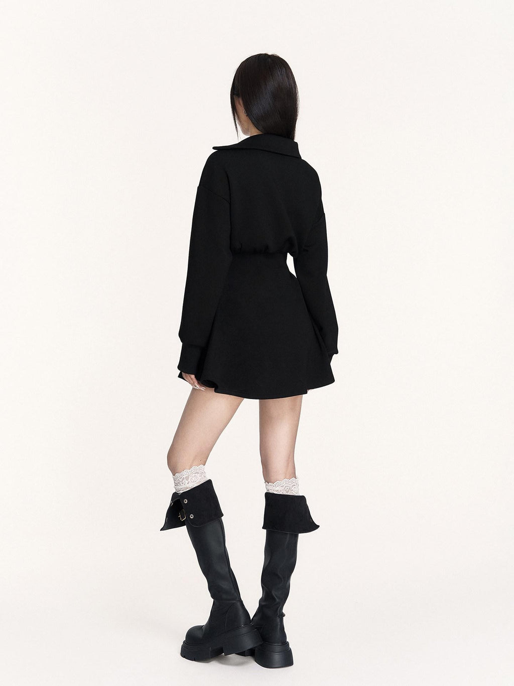 VOCK Hand Pleated Puff Aline Sweatshirt Women's Poly Cotton Off-shoulder Mini Dresses