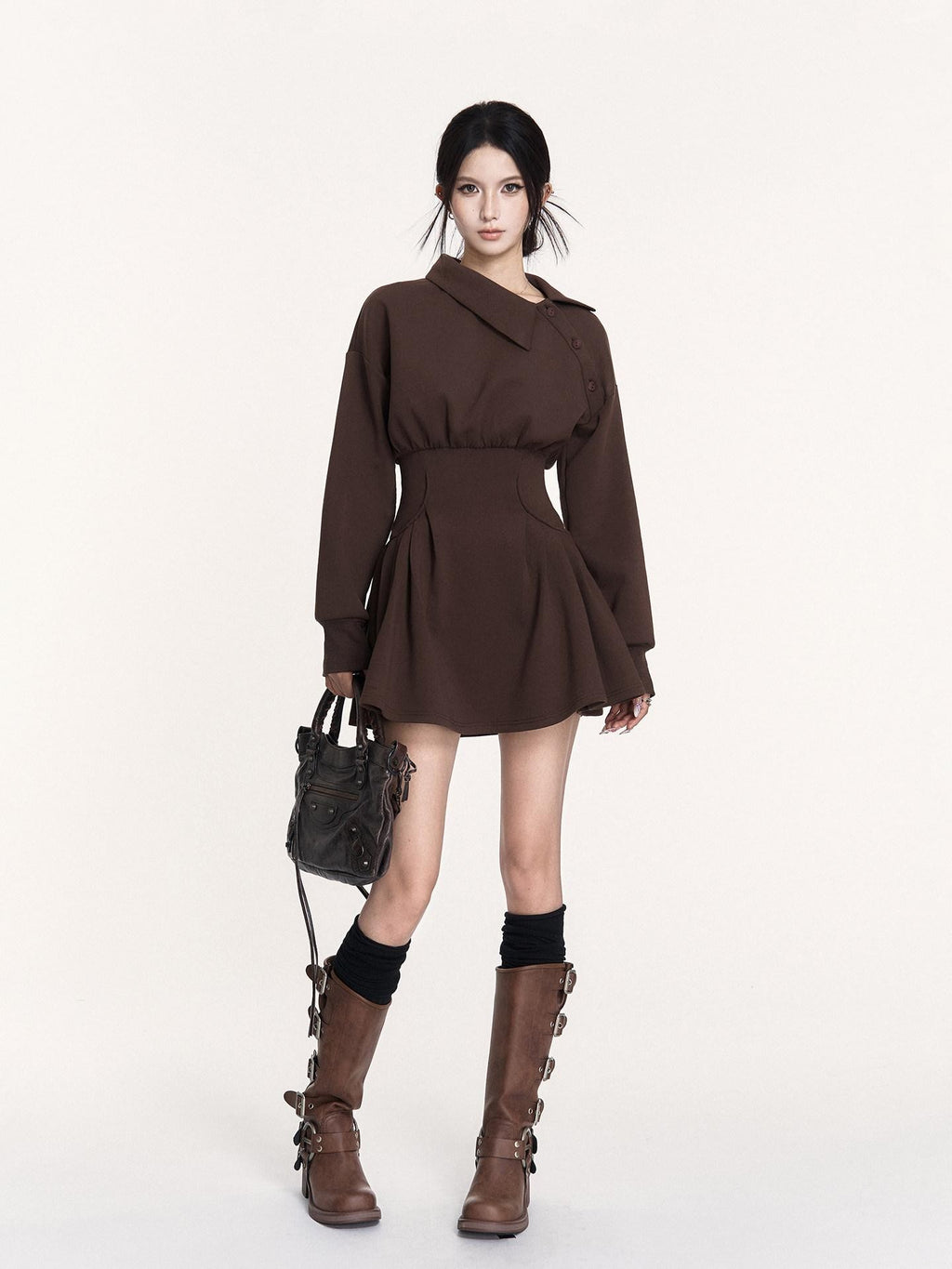 VOCK Hand Pleated Puff Aline Sweatshirt Women's Poly Cotton Off-shoulder Mini Dresses