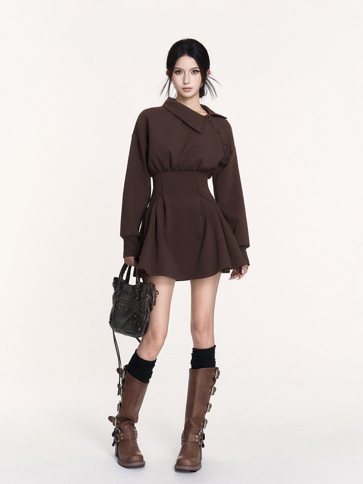 VOCK Hand Pleated Puff Aline Sweatshirt Women's Poly Cotton Off-shoulder Mini Dresses