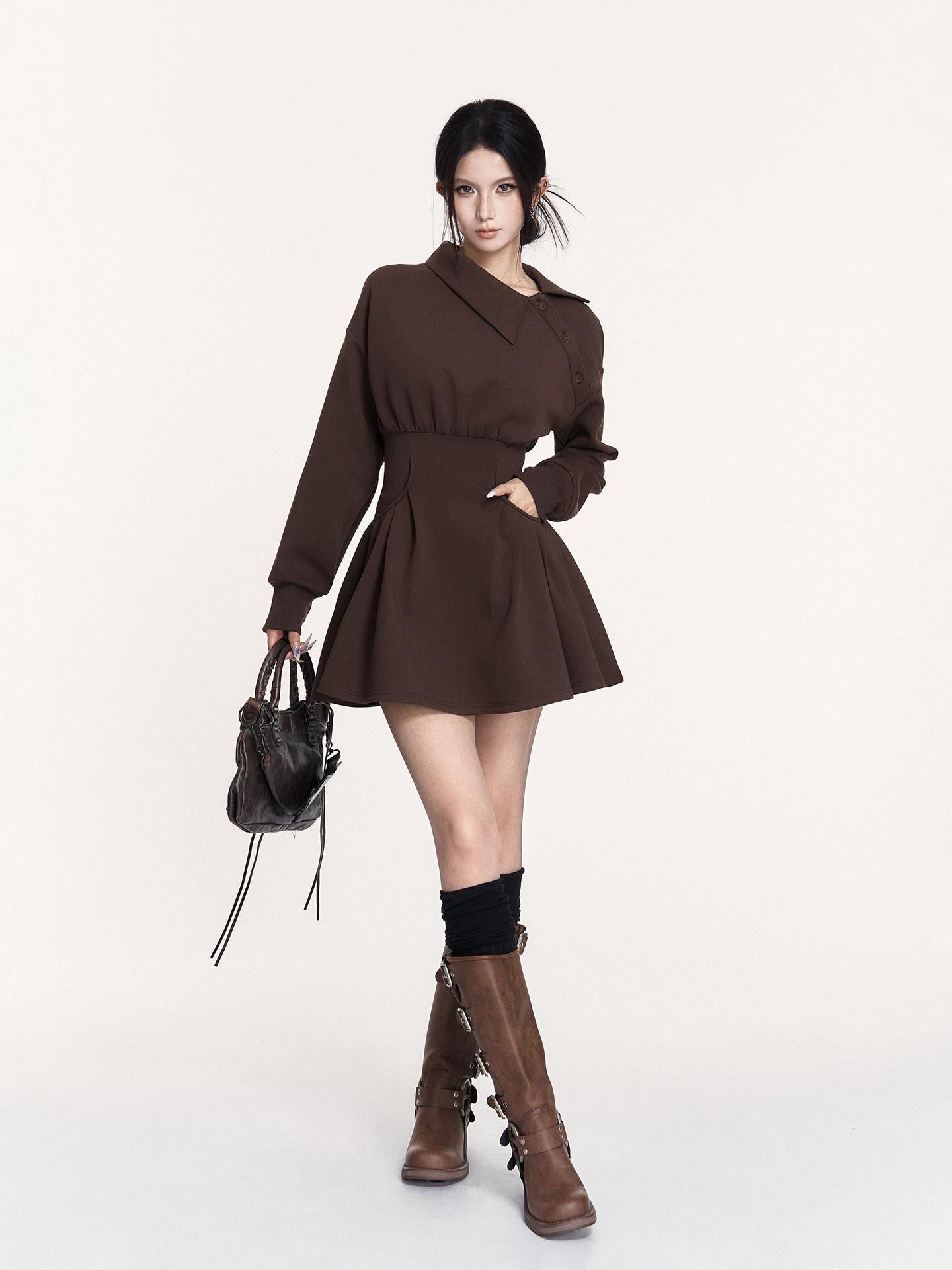 VOCK Hand Pleated Puff Aline Sweatshirt Women's Poly Cotton Off-shoulder Mini Dresses