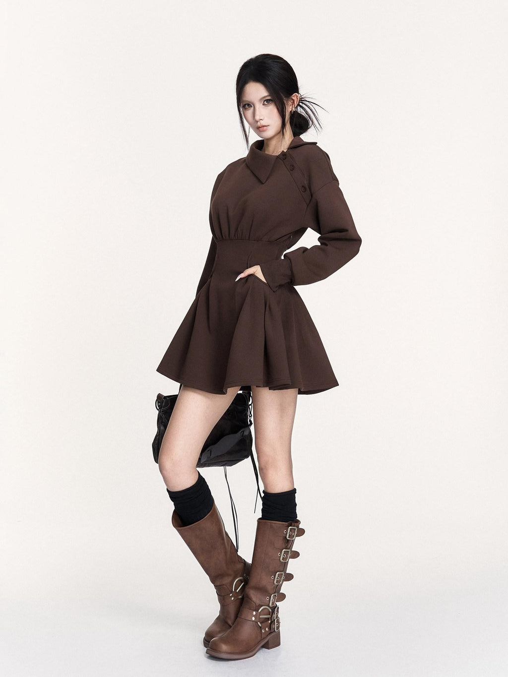 VOCK Hand Pleated Puff Aline Sweatshirt Women's Poly Cotton Off-shoulder Mini Dresses