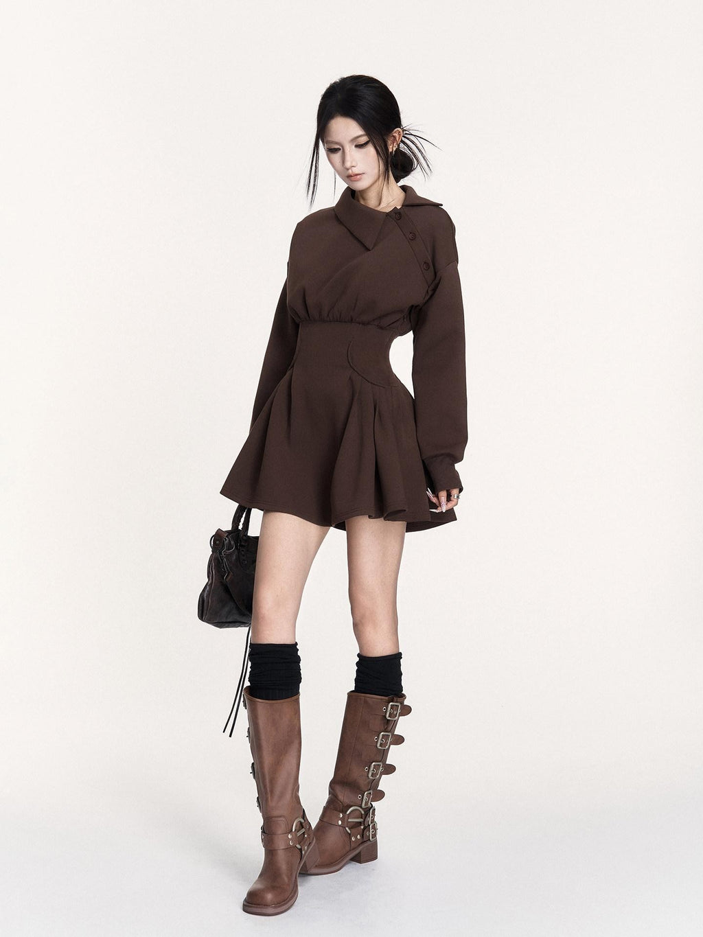 VOCK Hand Pleated Puff Aline Sweatshirt Women's Poly Cotton Off-shoulder Mini Dresses