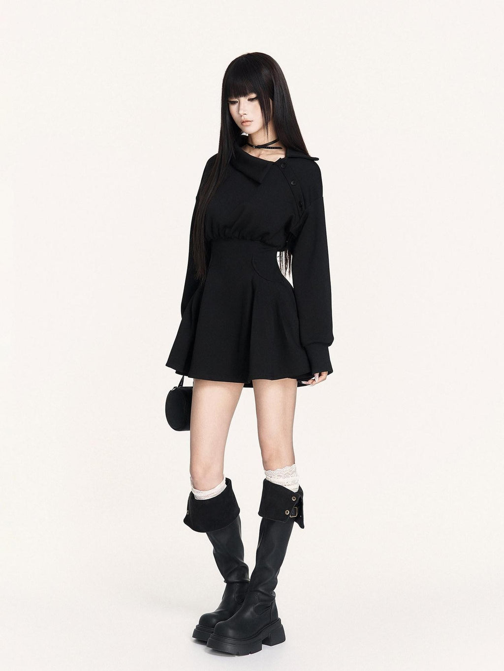 VOCK Hand Pleated Puff Aline Sweatshirt Women's Poly Cotton Off-shoulder Mini Dresses