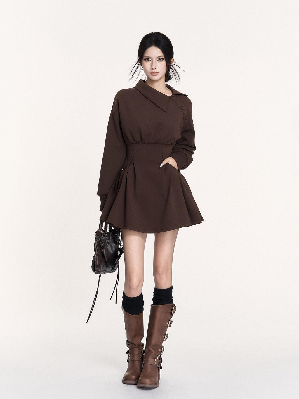 VOCK Hand Pleated Puff Aline Sweatshirt Women's Poly Cotton Off-shoulder Mini Dresses