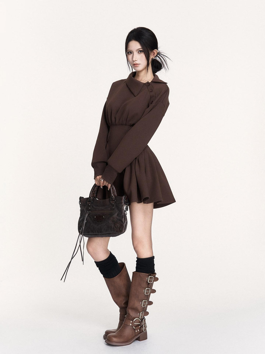 VOCK Hand Pleated Puff Aline Sweatshirt Women's Poly Cotton Off-shoulder Mini Dresses