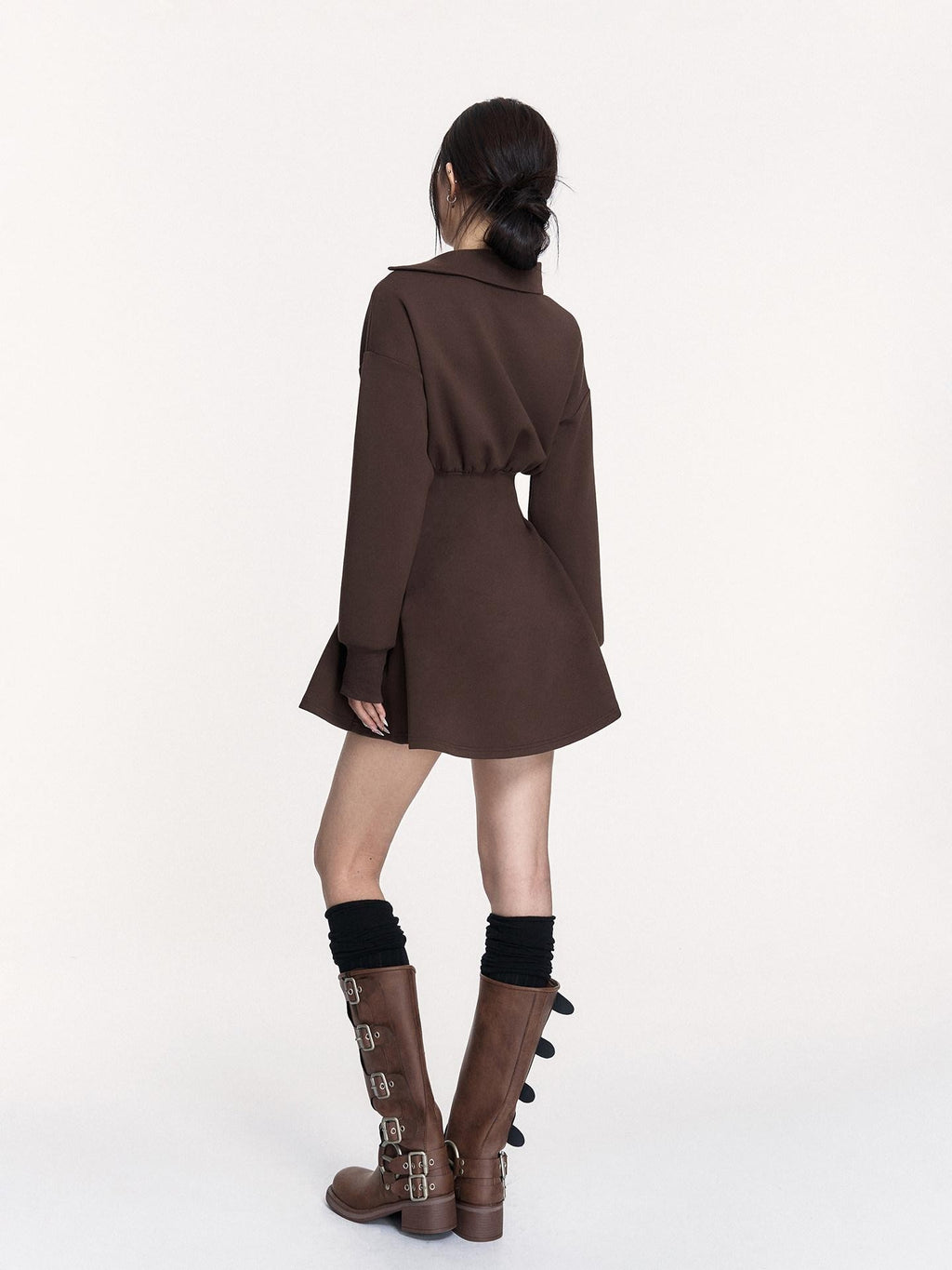 VOCK Hand Pleated Puff Aline Sweatshirt Women's Poly Cotton Off-shoulder Mini Dresses