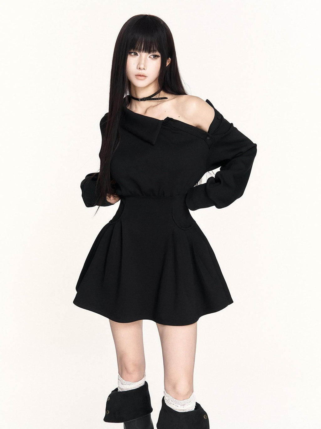 VOCK Hand Pleated Puff Aline Sweatshirt Women's Poly Cotton Off-shoulder Mini Dresses