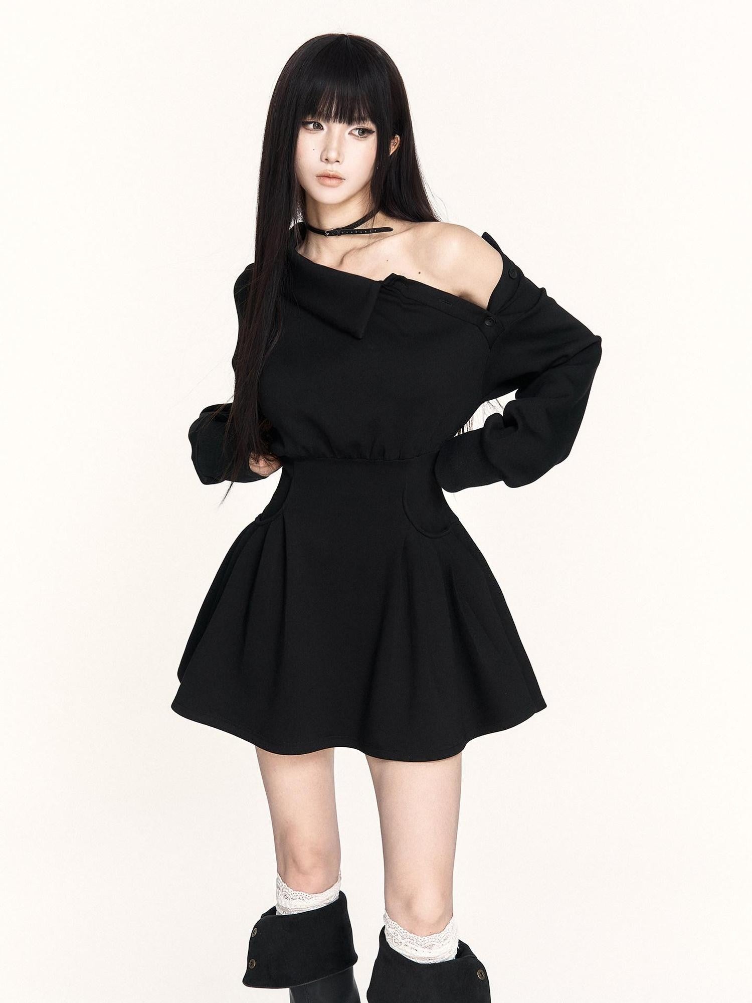 VOCK Hand Pleated Puff Aline Sweatshirt Women's Poly Cotton Off-shoulder Mini Dresses