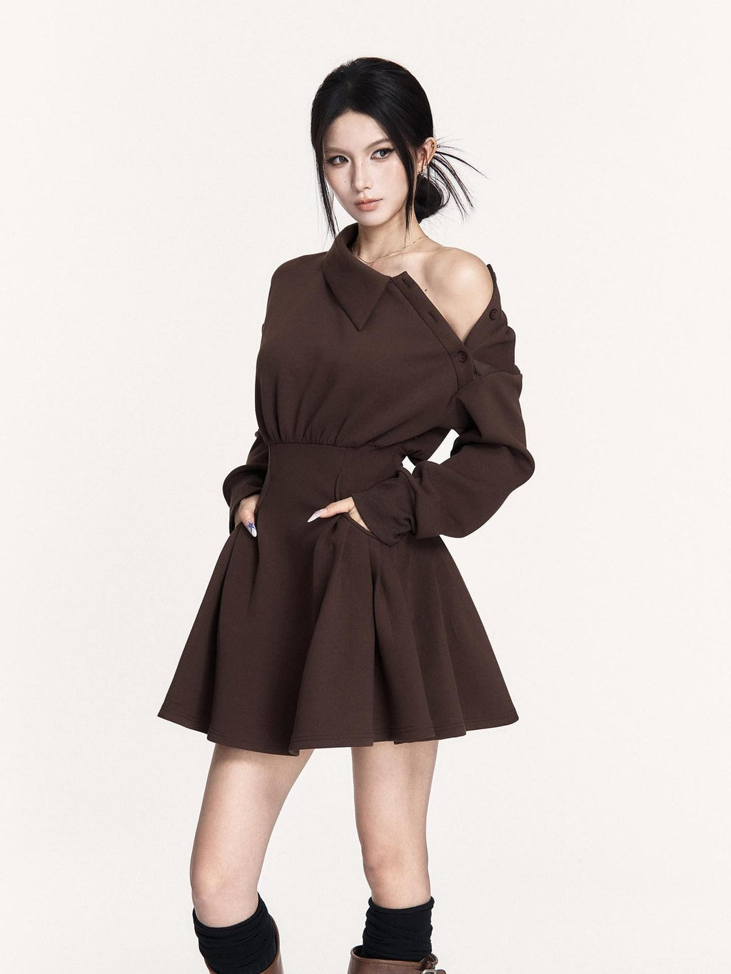 VOCK Hand Pleated Puff Aline Sweatshirt Women's Poly Cotton Off-shoulder Mini Dresses