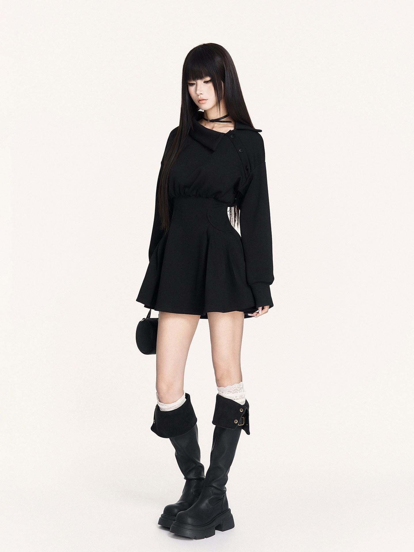 VOCK Hand Pleated Puff Aline Sweatshirt Women's Poly Cotton Off-shoulder Mini Dresses