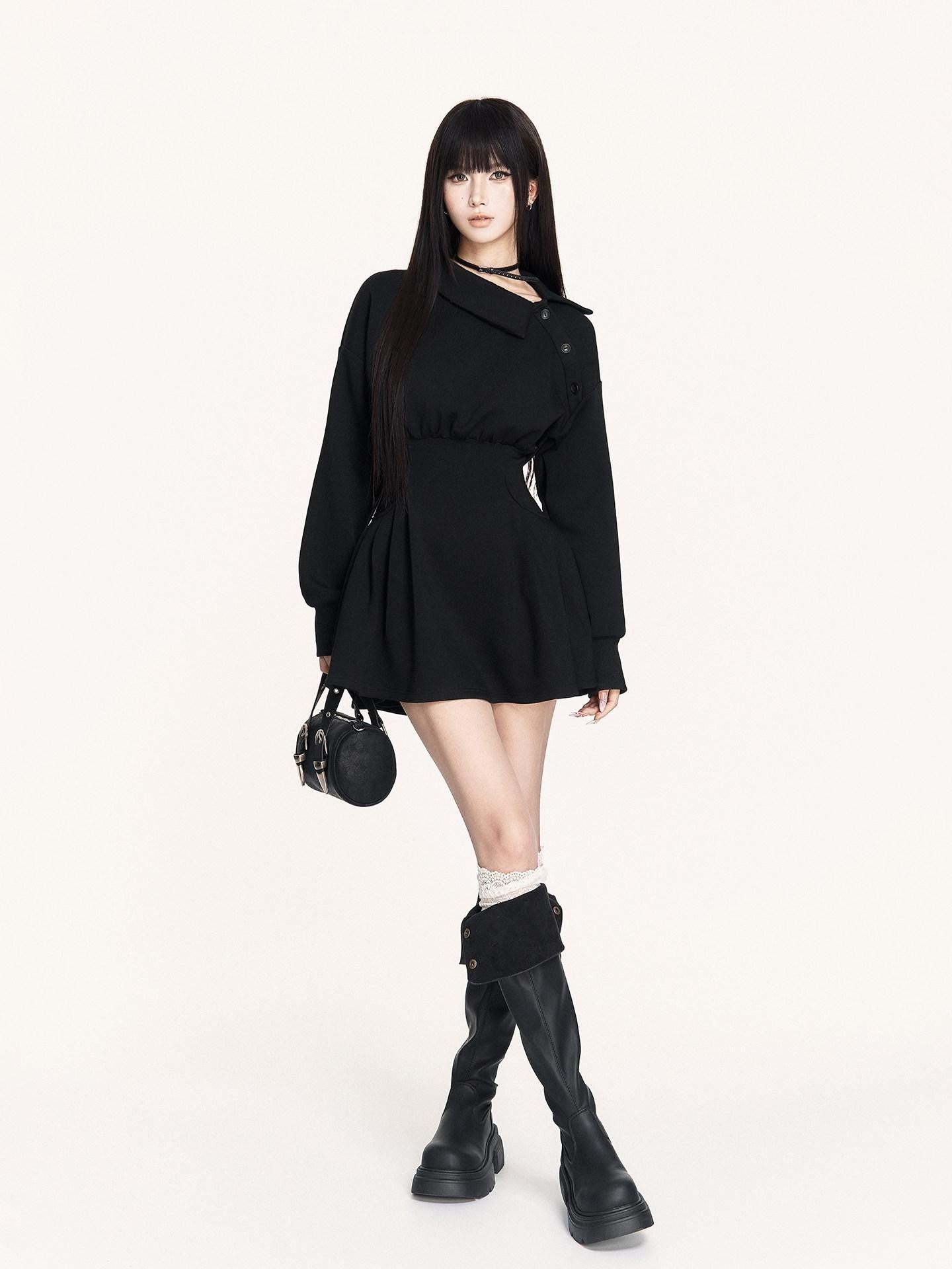 VOCK Hand Pleated Puff Aline Sweatshirt Women's Poly Cotton Off-shoulder Mini Dresses