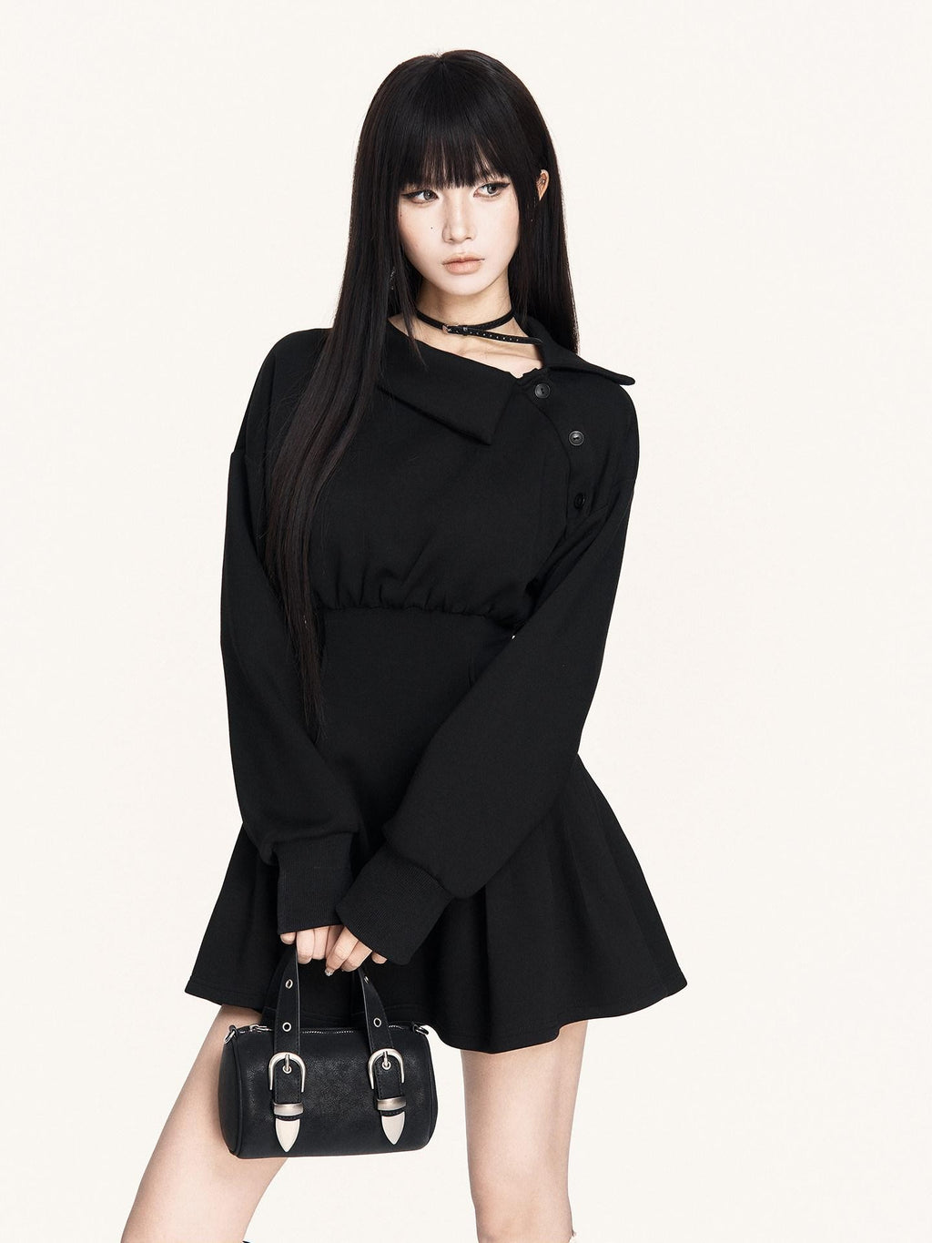 VOCK Hand Pleated Puff Aline Sweatshirt Women's Poly Cotton Off-shoulder Mini Dresses