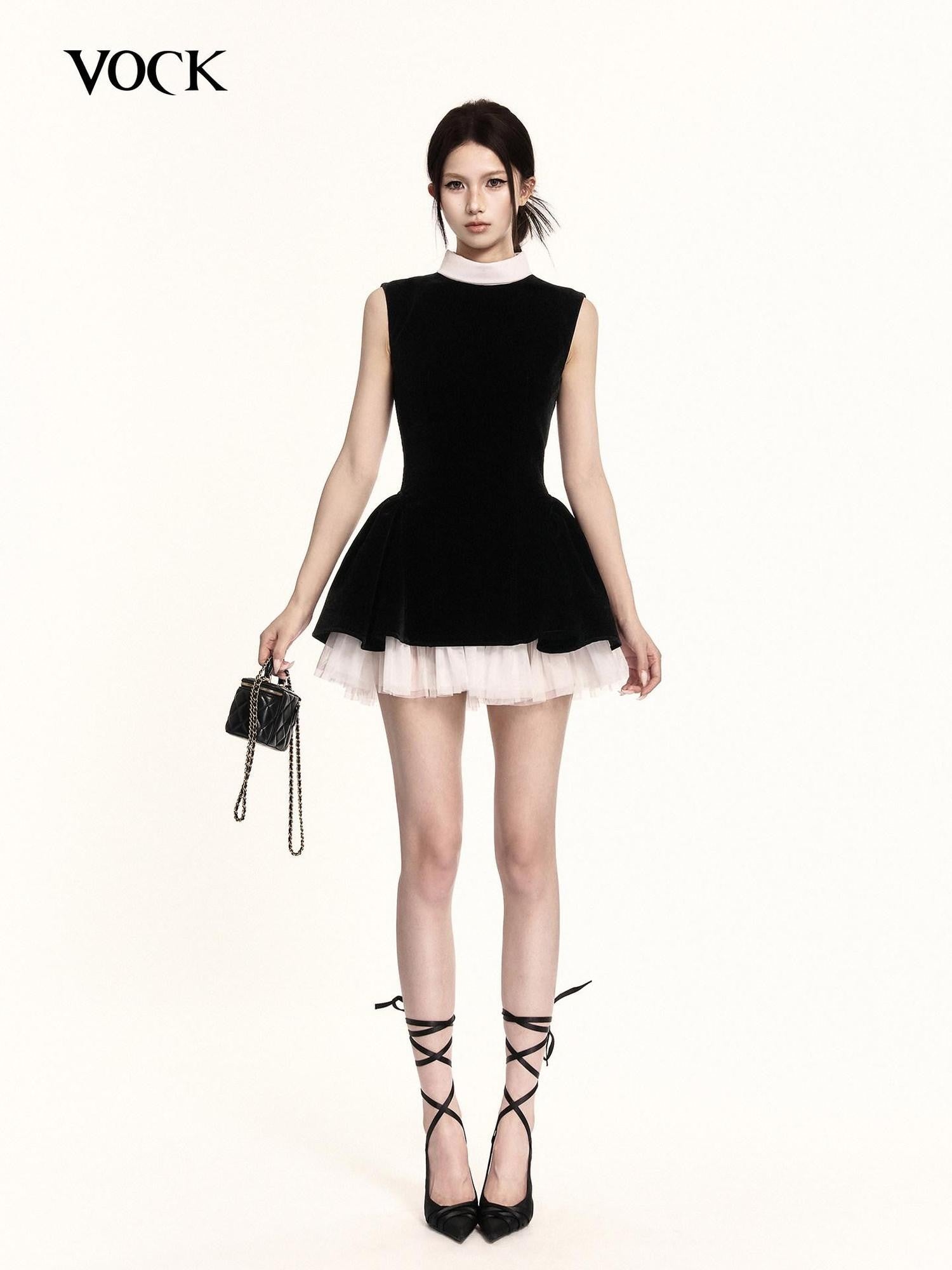 VOCK Hepburn Puff Velvet Stand Collar High Waist Women's Casual Mini Dresses