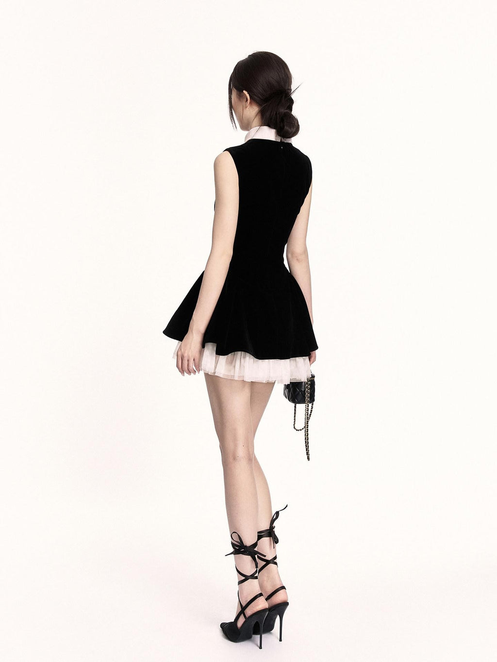 VOCK Hepburn Puff Velvet Stand Collar High Waist Women's Casual Mini Dresses