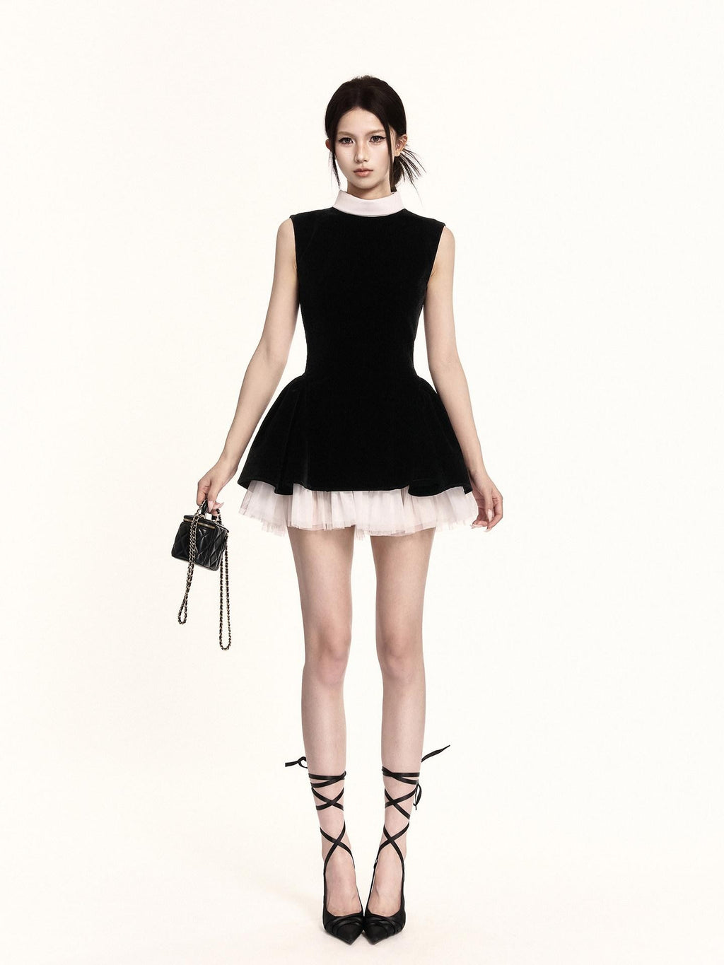 VOCK Hepburn Puff Velvet Stand Collar High Waist Women's Casual Mini Dresses