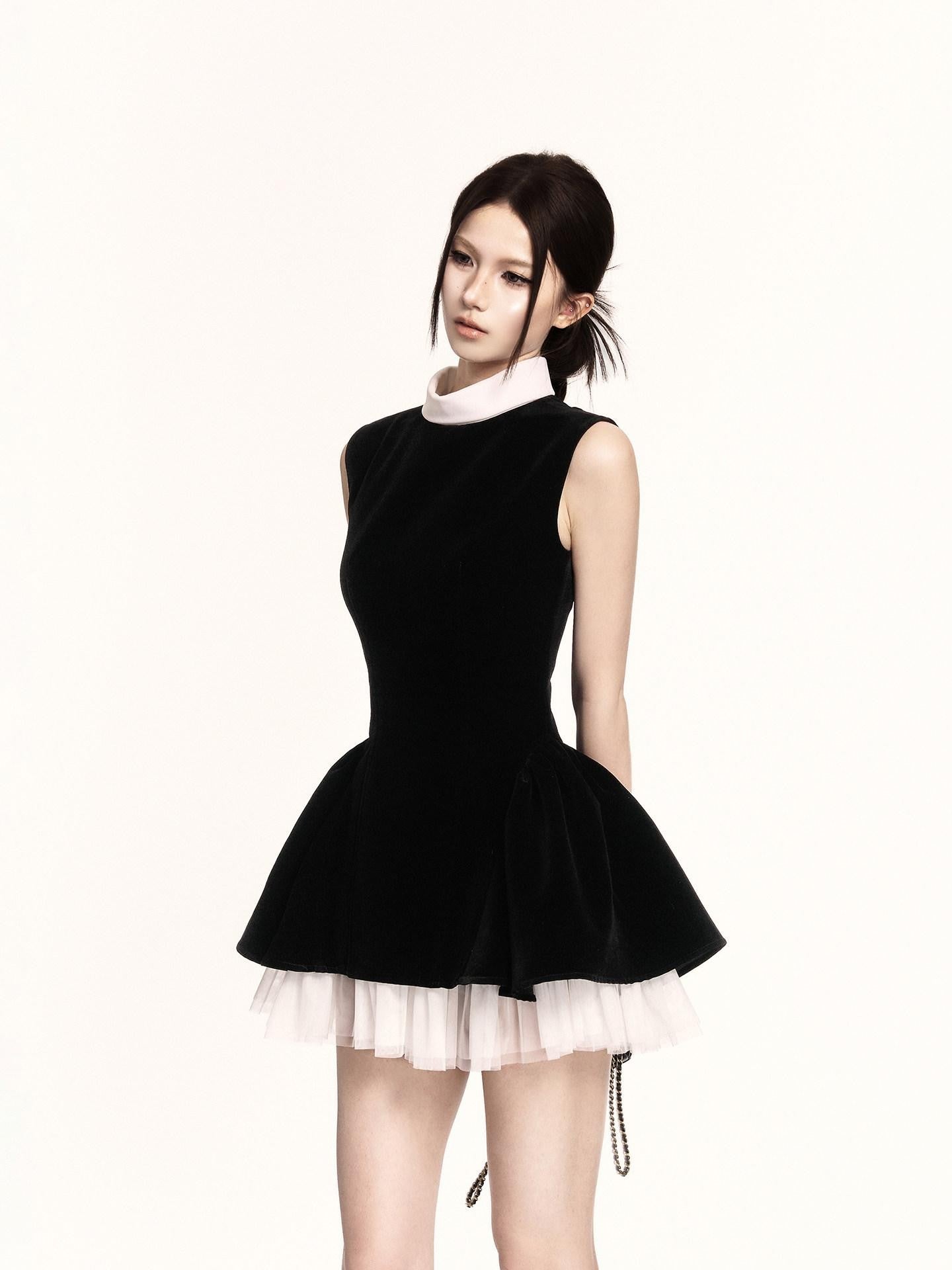 VOCK Hepburn Puff Velvet Stand Collar High Waist Women's Casual Mini Dresses
