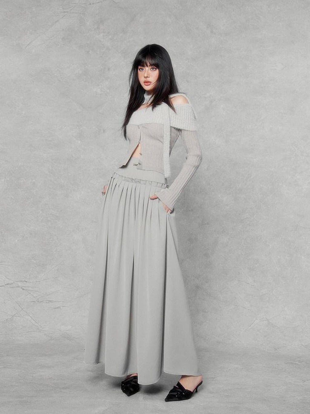 VOCK Hepburn Satin Pleated High Waist A Line Women's Polyester Spandex Maxi Skirts