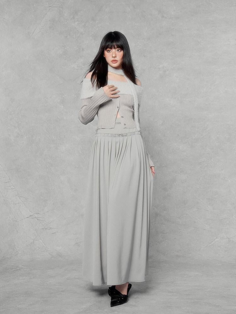 VOCK Hepburn Satin Pleated High Waist A Line Women's Polyester Spandex Maxi Skirts