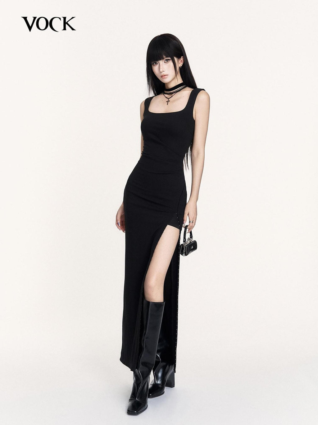 VOCK Hepburn Square Neck Slit Waist Cinched Women's Polyester Bodycon Maxi Dresses